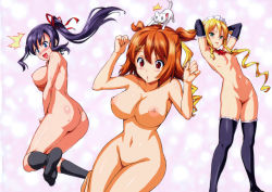 Rule 34 | 3girls, ^^^, amaya haruko, animal, armpits, arms up, ass, bare shoulders, blue eyes, blush, bow, breasts, brown hair, cat, collarbone, elbow gloves, feet, frills, gloves, green eyes, himegami kodama, hip focus, kneehighs, kushiya inaho, large breasts, legs, lingerie, long hair, maid headdress, maken-ki!, multiple girls, navel, nipples, no shoes, nude, nude filter, open mouth, ponytail, pussy, red eyes, shiny skin, short hair, small breasts, socks, soles, standing, surprised, sweat, takeda hiromitsu, thighhighs, third-party edit, twintails, uncensored, underwear