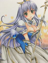 Rule 34 | 1girl, absurdres, august soft, bow, breasts, choker, crown, detached collar, dress, elbow gloves, feena fam earthlight, gloves, green eyes, highres, holding, holding scepter, jewelry, kae (bluebluebluebelly), large breasts, light purple hair, long hair, looking at viewer, puffy short sleeves, puffy sleeves, purple hair, scepter, short sleeves, solo, tiara, traditional media, white gloves, yoake mae yori ruri iro na