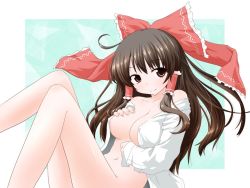 Rule 34 | 1girl, bare shoulders, bottomless, bow, breasts, brown eyes, brown hair, cleavage, female focus, hair bow, hakurei reimu, large breasts, long hair, naked shirt, natsu no koucha, navel, no panties, open clothes, open shirt, shirt, smile, solo, touhou