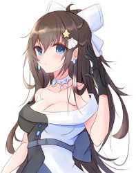Rule 34 | 1girl, absurdres, aqua eyes, artist name, artist request, back bow, bare shoulders, belt, black dress, black gloves, black skirt, blue eyes, blush, bow, bow hairband, breasts, brooch, brown hair, buttons, choker, cleavage, collarbone, diamond (gemstone), dress, drop earrings, earrings, evening gown, female focus, gloves, grey belt, grey bow, grey skirt, hair between eyes, hair bow, hair ornament, hairband, half updo, high ponytail, highres, jewelry, lace, lace gloves, long hair, looking at viewer, love live!, love live! nijigasaki high school idol club, love live! school idol festival, miniskirt, multicolored clothes, multicolored dress, off-shoulder dress, off shoulder, osaka shizuku, parted lips, plaid, plaid dress, plaid skirt, pleated, pleated dress, pleated skirt, ponytail, skirt, sleeveless, sleeveless dress, small breasts, smile, solitude rain (love live!), solo, star (symbol), star hair ornament, two-tone dress, white background, white bow, white choker, white dress, white skirt