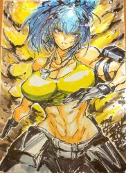 1girl abs absurdres arm_pouch bare_shoulders black_gloves blue_eyes blue_hair breasts camouflage crop_top dog_tags earrings gloves highres jewelry leona_heidern midriff moto_murabito muscular muscular_female ponytail shikishi signature sleeveless soldier solo tank_top the_king_of_fighters the_king_of_fighters_xv traditional_media triangle_earrings