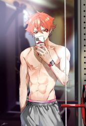 Rule 34 | 1boy, abs, ace trappola, cellphone, cowboy shot, earbuds, earphones, facepaint, gym, hand in pocket, highres, holding, holding phone, loose pants, male focus, male underwear, mirror, navel, nipples, orange hair, phone, red eyes, reflection, topless male, shoco (sco labo), smartphone, smile, solo, taking picture, toned, toned male, twisted wonderland, underwear, veins, watch