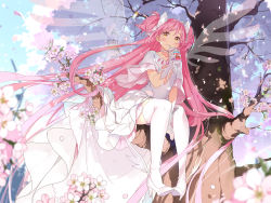 Rule 34 | 1girl, absurdly long hair, bendy straw, blue sky, blush, brown eyes, closed mouth, commentary request, day, dress, drinking, drinking straw, flower, high heels, highres, holding, hoshii hisa, in tree, kaname madoka, long hair, looking at viewer, mahou shoujo madoka magica, mahou shoujo madoka magica (anime), outdoors, petals, pink flower, pink hair, pumps, shoes, short sleeves, sitting, sitting in tree, sky, smile, solo, thighhighs, transparent wings, tree, two side up, ultimate madoka, very long hair, white dress, white footwear, white thighhighs, wide sleeves, wings