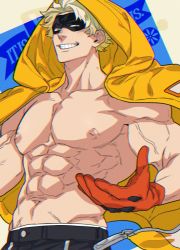 Rule 34 | 1boy, abs, bara, biceps, blonde hair, boku no hero academia, fat gum (boku no hero academia), feet out of frame, gloves, hood, hooded jacket, jacket, large pectorals, looking at viewer, male focus, manly, mask, mature male, muscular, muscular male, nipples, open clothes, open jacket, pants, pectorals, short hair, smirk, solo, teeth, thick arms, upper body, yan (bltyann), yellow eyes