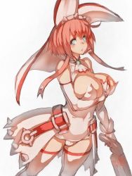 Rule 34 | 1girl, alternate costume, bare shoulders, blush, bracelet, breast hold, breasts, clover, elbow gloves, elphelt valentine, four-leaf clover, fumio (rsqkr), gloves, guilty gear, guilty gear xrd, gun, jewelry, large breasts, pink hair, short hair, shotgun, showgirl skirt, solo, spiked bracelet, spikes, weapon