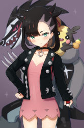 Rule 34 | 1girl, :d, asymmetrical sleeves, bad id, bad pixiv id, black choker, black hair, black jacket, black nails, blush, brown background, choker, closed mouth, collarbone, commentary request, creatures (company), dress, earrings, game freak, gen 8 pokemon, green eyes, hair ribbon, hand on own hip, highres, holding, holding poke ball, jacket, jewelry, long sleeves, looking at viewer, marnie (pokemon), morpeko, morpeko (full), nail polish, nintendo, obstagoon, open clothes, open jacket, open mouth, pink dress, poke ball, poke ball (basic), pokemon, pokemon (creature), pokemon swsh, red ribbon, ribbon, sharp teeth, sleeves past wrists, smile, stud earrings, teeth, twintails, uneven sleeves, upper teeth only, wanimaru