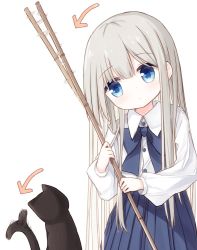 Rule 34 | 1girl, afterimage, animal, arrow (symbol), black cat, blue bow, blue eyes, blue skirt, blush, bow, cat, closed mouth, collared shirt, commentary request, dress shirt, grey hair, healer girl (yuuhagi (amaretto-no-natsu)), holding, long hair, long sleeves, original, pleated skirt, puffy long sleeves, puffy sleeves, shirt, simple background, skirt, solo, tail, tail wagging, very long hair, white background, white shirt, yuuhagi (amaretto-no-natsu)