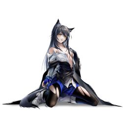 Rule 34 | 1girl, animal ears, arknights, arms behind back, bare shoulders, bdsm, black hair, black pantyhose, black vest, blue shorts, bondage, boots, bound, bound wrists, breasts, cleavage, collarbone, fang, full body, highres, knee boots, kneeling, long hair, looking at viewer, medium breasts, no bra, open clothes, open fly, open mouth, open shirt, open shorts, open vest, pantyhose, pantyhose under shorts, photoshop (medium), shirt, shorts, simple background, solo, tail, texas (arknights), texas the omertosa (arknights), torn clothes, torn pantyhose, very long hair, vest, white background, white footwear, white shirt, wolf ears, wolf girl, wolf tail, yellow eyes, z 05