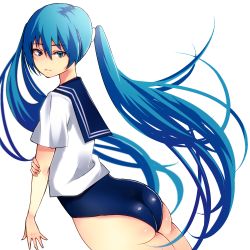 Rule 34 | 1girl, asanome, blue hair, green eyes, hatsune miku, long hair, no pants, one-piece swimsuit, school swimsuit, school uniform, serafuku, swimsuit, swimsuit under clothes, twintails, vocaloid