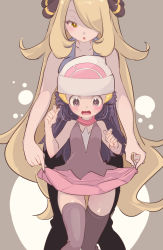 Rule 34 | 2girls, age difference, bare shoulders, beanie, black eyes, black legwear, black pants, black shirt, blonde hair, blouse, blue hair, blue shirt, blush, brown background, chorimokki, clothes lift, collarbone, creatures (company), cynthia (pokemon), dawn (pokemon), embarrassed, female focus, flat chest, game freak, hair ornament, hair over one eye, hairclip, half-closed eyes, hands up, hat, lifting another&#039;s clothes, long hair, looking down, matching hair/eyes, miniskirt, multiple girls, nintendo, onee-loli, open mouth, pants, pink skirt, poke ball symbol, poke ball theme, pokemon, pokemon dppt, red scarf, scarf, shirt, simple background, skindentation, skirt, skirt lift, sleeveless, sleeveless shirt, standing, surprised, sweat, thigh gap, thighhighs, two-tone background, very long hair, white hat, wide-eyed, yellow eyes, zettai ryouiki