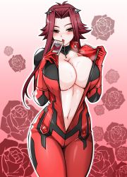 Rule 34 | 1girl, biker clothes, bikesuit, black rose dragon, blush, bodysuit, breasts, brown eyes, card, cleavage, cowboy shot, flower, freedom (aass5404), highres, holding, holding card, izayoi aki, large breasts, looking at viewer, navel, open bodysuit, open clothes, red hair, rose, simple background, skin tight, solo, standing, steaming body, sweat, yu-gi-oh!, yu-gi-oh! 5d&#039;s