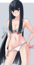 Rule 34 | 1girl, :|, artist name, bare shoulders, black hair, blue eyes, blush, bra, breasts, cleavage, closed mouth, collarbone, commentary, contrapposto, cowboy shot, expressionless, grey background, hair over breasts, hair over shoulder, hand on own hip, highres, kill la kill, kiryuuin satsuki, large breasts, long hair, looking at viewer, midriff, navel, outside border, panties, panty pull, pulling own clothes, signature, simple background, solo, standing, thick eyebrows, thumb in beltline, twitter username, underwear, underwear only, very long hair, white bra, white panties, yoo tenchi