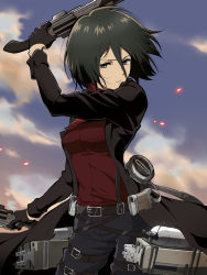 Rule 34 | 1girl, absurdres, arm up, belt, black coat, black eyes, black gloves, black hair, black pants, bob cut, breasts, cloud, coat, commentary, cowboy shot, gloves, hair between eyes, hair strand, highres, holding, holding weapon, long bangs, looking at viewer, medium breasts, micaoz, mikasa ackerman, official style, open clothes, open coat, pants, parted lips, red scarf, red shirt, scarf, shingeki no kyojin, shirt, short hair, sky, solo, thigh strap, three-dimensional maneuver gear, trench coat, weapon