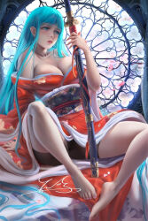 Rule 34 | 1girl, aqua eyes, aqua hair, barefoot, blunt bangs, chinese commentary, falling petals, holding, holding sword, holding weapon, japanese clothes, kimono, knees up, kouzuki hiyori, long hair, one piece, peng wang, petals, realistic, signature, sitting, solo, sword, teeth, traditional clothes, weapon
