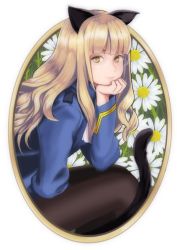 Rule 34 | 1girl, animal ears, bad id, bad pixiv id, blonde hair, cat ears, cat tail, flower, glasses, goji (five clock), hand on own chin, long hair, looking at viewer, pantyhose, perrine h. clostermann, solo, strike witches, tail, world witches series, yellow eyes