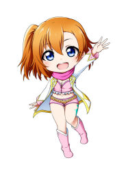 Rule 34 | 1girl, :d, arm up, blue eyes, blush, boots, breasts, brown hair, chibi, cleavage, crop top, frills, full body, hair between eyes, highres, jacket, knee boots, kosaka honoka, kuena, long sleeves, love live!, love live! school idol festival, love live! school idol project, love marginal, midriff, navel, one side up, open clothes, open jacket, open mouth, outstretched arm, pink footwear, pink shorts, printemps (love live!), short shorts, shorts, simple background, sleeves past wrists, small breasts, smile, solo, standing, standing on one leg, teeth, upper teeth only, white background, white jacket
