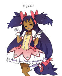 Rule 34 | 1girl, ;), alternate costume, arms up, bad id, bad pixiv id, big hair, bow, brown eyes, bubble skirt, choker, cosplay, creatures (company), dark-skinned female, dark skin, dress, flat chest, game freak, gloves, grin, hair bow, iris (pokemon), kaname madoka, kaname madoka (cosplay), long hair, looking at viewer, low-tied long hair, mahou shoujo madoka magica, nintendo, one eye closed, pokemon, pokemon bw, pokemon bw2, puffy sleeves, purple hair, short sleeves, skirt, smile, socks, solo, soul gem, standing, standing on one leg, tribute (tributism), two side up, very long hair, voice actor connection, white gloves, wings, wink, yuuki aoi