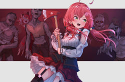 Rule 34 | 2girls, ahoge, axe, black corset, black legwear, blood, blood on axe, blood on clothes, blush, breasts, commentary, corset, detached sleeves, double bun, english commentary, frilled skirt, frills, garter straps, green eyes, hair bun, holding, holding axe, hololive, hololive indonesia, holoro, kureiji ollie, kureiji ollie (1st costume), long hair, low twintails, medium breasts, multiple girls, plaid, plaid skirt, red hair, red skirt, roke (taikodon), sakura miko, sakura miko (casual), shirt, skirt, sweatdrop, thighhighs, twintails, unmoving pattern, virtual youtuber, weapon, white shirt, zombie