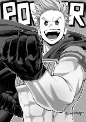 Rule 34 | 1boy, :d, bodysuit, boku no hero academia, cape, covered abs, english text, fighting stance, gloves, greyscale, male focus, monochrome, muscular, muscular male, open mouth, pectorals, popo take, short hair, smile, solo, spiked hair, teeth, togata mirio, tongue