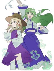 Rule 34 | 2girls, arm up, blue skirt, blush, breasts, closed mouth, collared shirt, commentary, cowboy shot, detached sleeves, floating hair, frog hair ornament, hair ornament, hand to own mouth, iovebly, kochiya sanae, long hair, looking at viewer, medium breasts, medium hair, moriya suwako, multiple girls, open mouth, parted bangs, shirt, simple background, skirt, small breasts, smile, snake hair ornament, symbol-only commentary, thighhighs, touhou, white background, white shirt, wide sleeves, wing collar