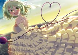 Rule 34 | 1girl, :d, absurdres, blue sky, breasts, bridal veil, cloud, dress, frilled dress, frills, from behind, gradient sky, green eyes, green hair, heart, heart of string, highres, horizon, komeiji koishi, large breasts, looking at viewer, off-shoulder dress, off shoulder, open mouth, outdoors, polyhedron2, short hair, signature, sky, smile, solo, third eye, touhou, veil, wedding dress, white dress, yellow sky