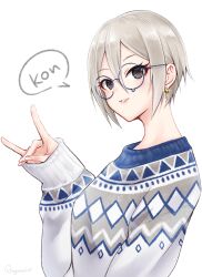 Rule 34 | alternate costume, aoyashio rin, bespectacled, blush, double-parted bangs, earrings, fox shadow puppet, glasses, glint, grey hair, hair between eyes, idolmaster, idolmaster cinderella girls, jewelry, long sleeves, looking at viewer, looking to the side, multicolored clothes, multicolored sweater, round eyewear, shiomi syuko, short hair, simple background, speech bubble, sweater, upper body, white background