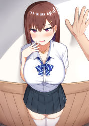Rule 34 | 1girl, blue neckwear, bow, bowtie, breasts, brown hair, collarbone, grey skirt, heart, heart necklace, highres, indoors, jewelry, kabedon, large breasts, long hair, miniskirt, mole, necklace, original, perspective, pleated skirt, pov, purple eyes, school uniform, shidaidaka, shirt, short sleeves, skirt, solo focus, standing, striped bow, striped bowtie, striped clothes, striped neckwear, thighhighs, white shirt, white thighhighs