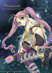 Rule 34 | 1girl, ass, boots, elbow gloves, gloves, green eyes, hiyori (nyatto), long hair, original, panties, pink hair, see-through, skirt, solo, space, thighhighs, twintails, underwear, wand, wings