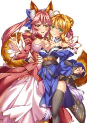 Rule 34 | 10s, 2girls, ahoge, alternate costume, animal ears, bad id, bad pixiv id, bare shoulders, black legwear, blonde hair, blue kimono, blush, braid, breasts, cleavage, cosplay, costume switch, detached sleeves, dress, fate/extra, fate/grand order, fate (series), fox ears, fox tail, green eyes, hair ribbon, highres, japanese clothes, kimono, large breasts, long hair, looking at viewer, multiple girls, nero claudius (fate), nero claudius (fate) (all), nero claudius (fate/extra), obi, pink hair, red dress, ribbon, sash, shirokuma a, short hair, simple background, smile, tail, tamamo (fate), tamamo no mae (fate/extra), thighhighs, twintails, white background, yellow eyes