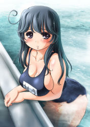 10s 1girl ahoge alternate_costume black_hair breasts cleavage female_focus kantai_collection kantori large_breasts long_hair looking_at_viewer one-piece_swimsuit pool purple_eyes school_swimsuit solo swimsuit undersized_clothes ushio_(kancolle) water wet