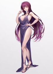 Rule 34 | 1girl, alternate costume, breasts, cleavage, dress, fate/grand order, fate (series), hair intakes, high heels, highres, large breasts, looking at viewer, mukunokino isshiki, nail polish, purple dress, purple hair, red eyes, scathach (fate), simple background, solo, white background