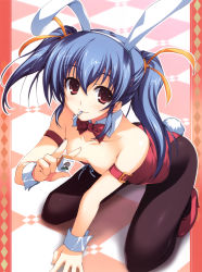 Rule 34 | 1girl, absurdres, animal ears, black pantyhose, blue hair, board game, bow, bowtie, breasts, censored, cleavage, convenient censoring, fake animal ears, flat chest, hair ribbon, highres, holding, holding mahjong tile, konboku mahjong, leotard, mahjong, mahjong tile, mouth hold, oonuki shii, pantyhose, playboy bunny, rabbit ears, rabbit tail, red eyes, ribbon, small breasts, solo, tail, tenbou, tomose shunsaku, twintails, wrist cuffs