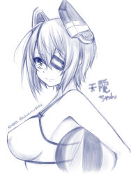 Rule 34 | 10s, 1girl, ayakabu, ball, beachball, bikini, breasts, carrying, carrying under arm, covered erect nipples, eyepatch, female focus, from side, headgear, highres, kantai collection, large breasts, monochrome, short hair, simple background, sketch, solo, swimsuit, tenryuu (kancolle), twitter username, upper body, white background