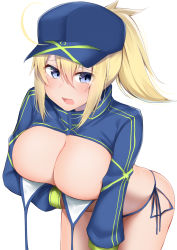 Rule 34 | 1girl, ahoge, arm under breasts, artoria pendragon (fate), baseball cap, bikini, blonde hair, blue eyes, blue hat, blue jacket, blush, breasts, cleavage, commentary request, fate/grand order, fate (series), hair between eyes, hair through headwear, hat, highres, jacket, kitajima yuuki, large breasts, leaning forward, long hair, long sleeves, looking at viewer, mysterious heroine x (fate), mysterious heroine xx (fate), navel, open mouth, ponytail, shrug (clothing), side-tie bikini bottom, simple background, solo, swimsuit, thighs, untied bikini, white background, white bikini