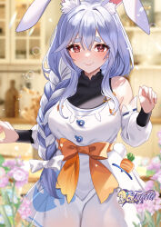 Rule 34 | 1girl, animal ear fluff, animal ears, apron, blue hair, blush, braid, braided ponytail, breasts, felielle, hololive, long hair, looking at viewer, mature female, multicolored hair, pekomama, rabbit ears, rabbit girl, red eyes, short eyebrows, smile, solo, thick eyebrows, virtual youtuber, white hair