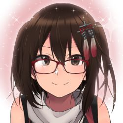 Rule 34 | 1girl, bare shoulders, bespectacled, black gloves, brown eyes, brown hair, closed mouth, commentary request, elbow gloves, fingerless gloves, glasses, gloves, hair between eyes, kantai collection, pink background, red-framed eyewear, rinto (rint rnt), scarf, sendai (kancolle), sendai kai ni (kancolle), short hair, simple background, smile, solo, sparkle, two side up, white background, white scarf