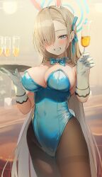 Rule 34 | 1girl, absurdres, asuna (blue archive), asuna (bunny) (blue archive), auui, black pantyhose, blue archive, blue eyes, blue halo, blue leotard, blurry, blurry background, brown hair, champagne flute, cup, drinking glass, halo, highleg, highleg leotard, highres, holding, holding tray, indoors, leotard, long hair, looking at viewer, pantyhose, parted bangs, solo, strapless, strapless leotard, tray, very long hair