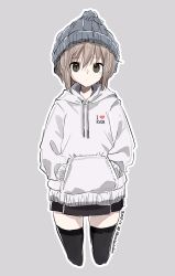 Rule 34 | 1girl, beanie, black skirt, black thighhighs, brown eyes, brown hair, closed mouth, clothes writing, cropped legs, english text, grey background, grey hat, grey hoodie, hands in pockets, hat, hood, hood down, hoodie, long sleeves, looking at viewer, nagato yuki, nanabuluku, outline, simple background, skirt, solo, suzumiya haruhi no yuuutsu, thighhighs, white outline