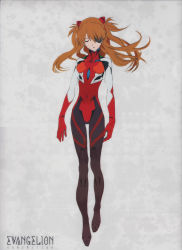 Rule 34 | 1girl, absurdres, arms at sides, artist request, bodysuit, closed eyes, copyright name, covered collarbone, eyepatch, full body, grey background, hair over one eye, head tilt, highres, honda takeshi, long hair, narrow waist, neon genesis evangelion, official art, open mouth, orange hair, parted bangs, plugsuit, rebuild of evangelion, simple background, source name, souryuu asuka langley, standing, twintails, two side up