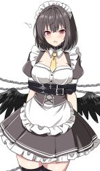 1girl alternate_costume apron arms_behind_back bdsm belt_collar bird_wings black_wings blush bondage bound breasts brown_hair chain cleavage collar commentary corset detached_collar english_commentary enmaided highres looking_at_viewer maid maid_headdress necktie open_mouth puffy_short_sleeves puffy_sleeves red_eyes restrained rise_(rise19851203) shameimaru_aya short_sleeves simple_background solo sweatdrop touhou white_background wings yellow_necktie