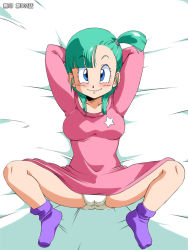 Rule 34 | 1girl, alternate hairstyle, amedama akihito, armpits, arms up, bed, blue eyes, blush, breasts, bulma, closed mouth, dragon ball, dress, feet, female focus, from above, full body, green hair, groin, legs, looking at viewer, lying, medium breasts, old school academy, panties, pantyshot, pink dress, purple socks, short hair, side ponytail, smile, socks, solo, spread legs, thighs, underwear