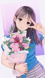Rule 34 | 1girl, blue shirt, bouquet, brown eyes, brown hair, closed mouth, english text, flower, hand up, highres, holding, holding bouquet, jewelry, long hair, looking at viewer, original, ring, shirt, short sleeves, solo, upper body, v, yijian ma