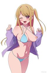 Rule 34 | 1girl, ;d, bare shoulders, bikini, blonde hair, blue bikini, blue nails, blush, breasts, commentary, coro fae, cowboy shot, criss-cross halter, dot nose, english commentary, fingernails, halterneck, hands up, highres, hoshino ruby, jacket, large breasts, legs together, long fingernails, long hair, long sleeves, looking at viewer, nail polish, navel, nipples, off shoulder, one breast out, one eye closed, one side up, open clothes, open jacket, open mouth, oshi no ko, paid reward available, pink eyes, purple jacket, simple background, sleeves past wrists, smile, solo, standing, star-shaped pupils, star (symbol), stomach, string bikini, swept bangs, swimsuit, symbol-shaped pupils, teeth, twitter username, upper teeth only, white background