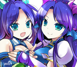 Rule 34 | 2girls, :d, bare shoulders, blue dress, blue eyes, blue gloves, blush, breasts, china dress, chinese clothes, cleavage, cleavage cutout, clothing cutout, colored eyelashes, dragon girl, dragon horns, dress, dual persona, fang, fingerless gloves, fins, gloves, head fins, horns, karin (p&amp;d), long hair, multiple girls, open mouth, puffy short sleeves, puffy sleeves, purple hair, puzzle &amp; dragons, short sleeves, siukaukau24, small breasts, smile