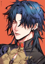 Rule 34 | 1boy, blade (honkai: star rail), blue hair, chinese clothes, closed mouth, commentary, earrings, english commentary, highres, honkai: star rail, honkai (series), jewelry, lips, long hair, looking at viewer, male focus, muoi, one eye closed, orange background, orange eyes, parted bangs, simple background, solo, twitter username, upper body