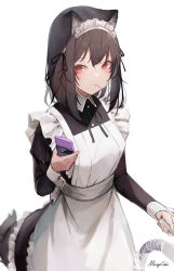 Rule 34 | 1girl, animal ear fluff, animal ears, apron, black dress, black ribbon, brown hair, cellphone, closed mouth, collared dress, commentary request, dress, frilled apron, frills, hair between eyes, highres, holding, holding phone, juliet sleeves, long sleeves, looking at viewer, maid, maid apron, maid headdress, mayogii, mouth hold, neck ribbon, original, phone, puffy sleeves, red eyes, ribbon, signature, simple background, solo, tail, vacuum cleaner, white apron, white background