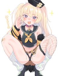 Rule 34 | 1girl, :d, areola slip, ass, azur lane, bache (azur lane), bare shoulders, belt, blonde hair, blush, breasts, chain, clitoris, collar, covered erect nipples, fang, fishnet thighhighs, fishnets, handjob gesture, highres, jacket, long hair, looking at viewer, loose socks, makabe gorou, micro shorts, midriff, navel, off shoulder, open clothes, open mouth, open shorts, purple eyes, pussy, pussy peek, sailor collar, shorts, single thighhigh, small breasts, smile, socks, solo, spread legs, squatting, symbol-shaped pupils, thick eyebrows, thighhighs, tiptoes, twintails, two side up, white thighhighs