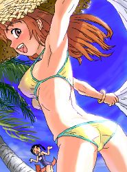 Rule 34 | 2girls, armpits, ass, bikini, blush, breasts, brown hair, day, covered erect nipples, happy, hat, large breasts, long hair, lowres, mu-pyon, multiple girls, oekaki, outstretched arms, spread arms, straw hat, swimsuit, underboob