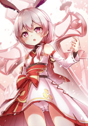 Rule 34 | 1girl, :o, animal ears, bare shoulders, bell, blush, cameltoe, commentary request, darnell, detached sleeves, fox ears, hair between eyes, honkai (series), honkai impact 3rd, huge weapon, japanese clothes, jingle bell, kimono, long hair, long sleeves, looking at viewer, panties, parted lips, pink eyes, purple eyes, rabbit ears, ribbon-trimmed sleeves, ribbon trim, short kimono, skirt, sleeveless, sleeveless kimono, solo, teeth, theresa apocalypse, theresa apocalypse (sakuno rondo), underwear, upper teeth only, weapon, white kimono, white panties, white skirt