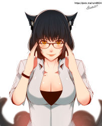 Rule 34 | 1girl, absurdres, adjusting eyewear, ahri (league of legends), alternate costume, animal ears, black hair, black wristband, breasts, cleavage, closed mouth, collarbone, facial mark, fang, female focus, fox ears, fox tail, heart, heart tattoo, highres, large breasts, league of legends, lips, multiple tails, open clothes, rude ruin, slit pupils, smile, solo, tail, tattoo, teacher, whisker markings, wristband, yellow eyes